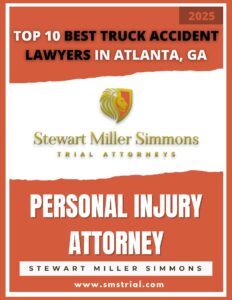 Stewart Miller Simmons Personal Injury Lawyers & Trial Attorneys | Atlanta, GA | Top 10 Best Truck Accident Lawyers in Atlanta, GA | Image of a digitally created magazine cover that says: "Top 10 Best Truck Accident Lawyers in Atlanta, GA" at the top. Stewart Miller Simmons Logo in the middle. "Personal Injury Attorney - Stewart Miller Simmons - www.smstrial.com" at the bottom - 2025