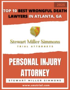 Stewart Miller Simmons Personal Injury Lawyers & Trial Attorneys | Atlanta, GA | Top 10 Best Wrongful Death Lawyers in Atlanta, GA | Image of a digitally created magazine cover that says: "Top 10 Best Wrongful Death Lawyers in Atlanta, GA" at the top. Stewart Miller Simmons Logo in the middle. "Personal Injury Attorney - Stewart Miller Simmons - www.smstrial.com" at the bottom - 2025